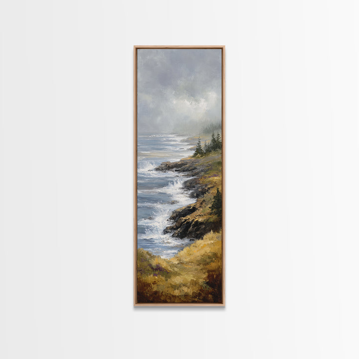 Coastal Cliffs with Crashing Waves Framed Canvas Print, Landscape Art, Modern Wall Art, Living Room Decor, Watercolor Art, LAN-1x3-92