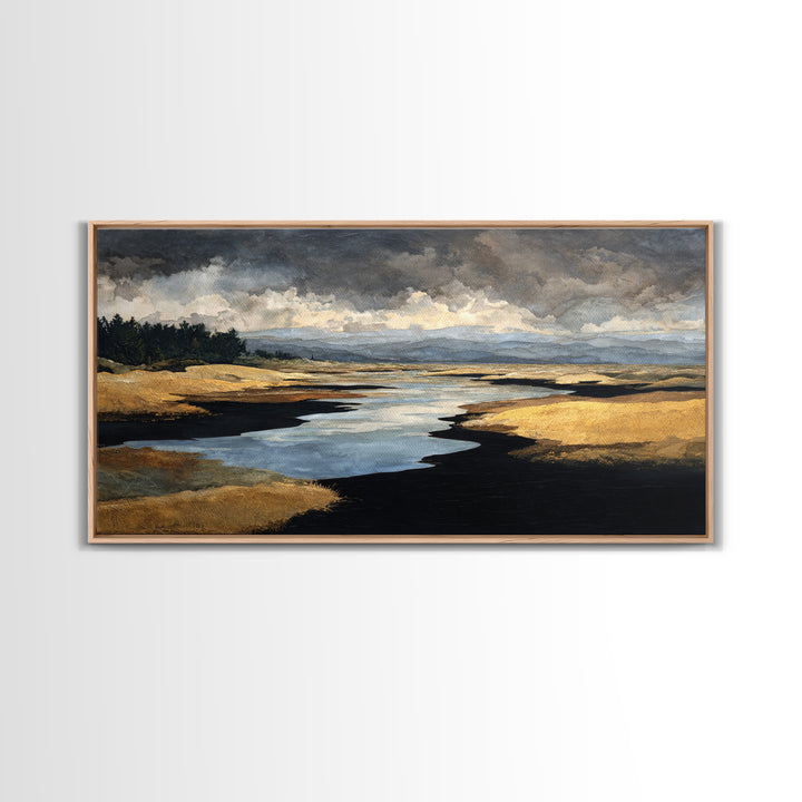 Volcanic Black Beach Framed Canvas Print, Landscape Art, Contemporary Art, Living Room Decor, Fine Art, Horizon, Original Art, LAN-2x1-10