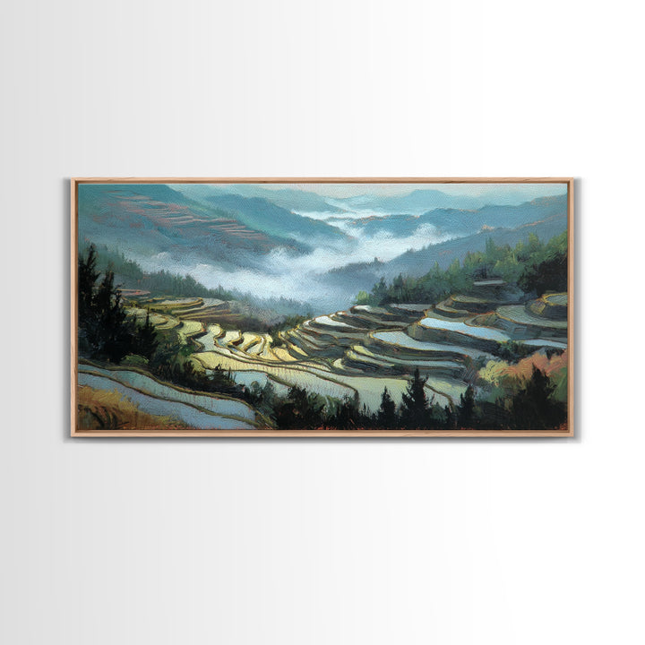 Rice Terraces Glowing Framed Canvas Print, Landscape Art, Luxury Decor, Living Room Decor, Fine Art, Horizon, Digital Art, LAN-2x1-14