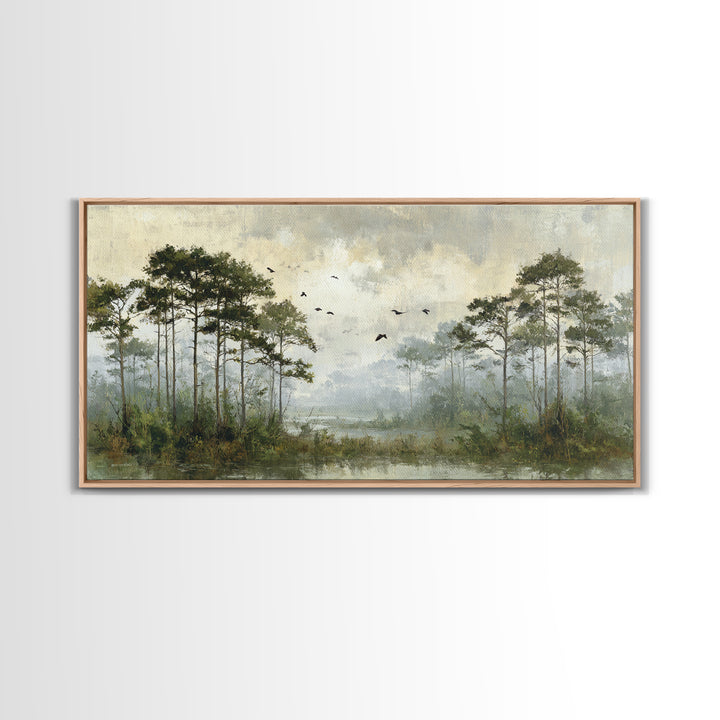 Misty Cypress Swamp Framed Canvas Print, Landscape Art, Room Decor, Living Room Decor, Fine Art, Horizon, Printable Wall Art, LAN-2x1-18