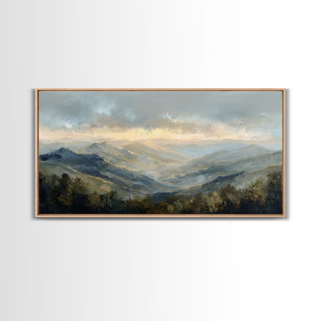 Misty Mountain Valley at Sunrise Canvas Print, Landscape Art, Digital Art, Living Room Decor, Fine Art, Horizon, Boho Wall Art, LAN-2x1-21