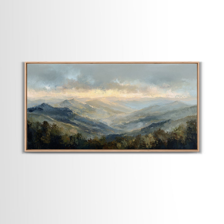 Misty Mountain Valley at Sunrise Canvas Print, Landscape Art, Digital Art, Living Room Decor, Fine Art, Horizon, Boho Wall Art, LAN-2x1-21