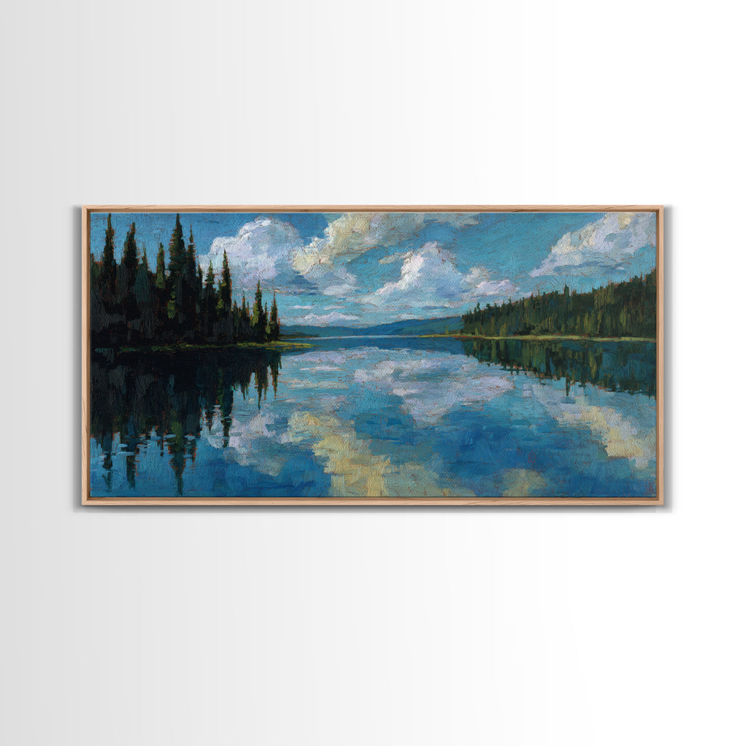 Quiet Lake Reflecting Pine Forest Framed Canvas Print, Landscape Art, Minimalist Decor, Living Room Decor, Oil Painting, LAN-2x1-24