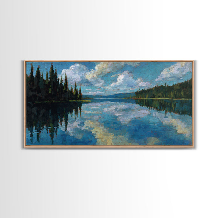Quiet Lake Reflecting Pine Forest Framed Canvas Print, Landscape Art, Minimalist Decor, Living Room Decor, Oil Painting, LAN-2x1-24