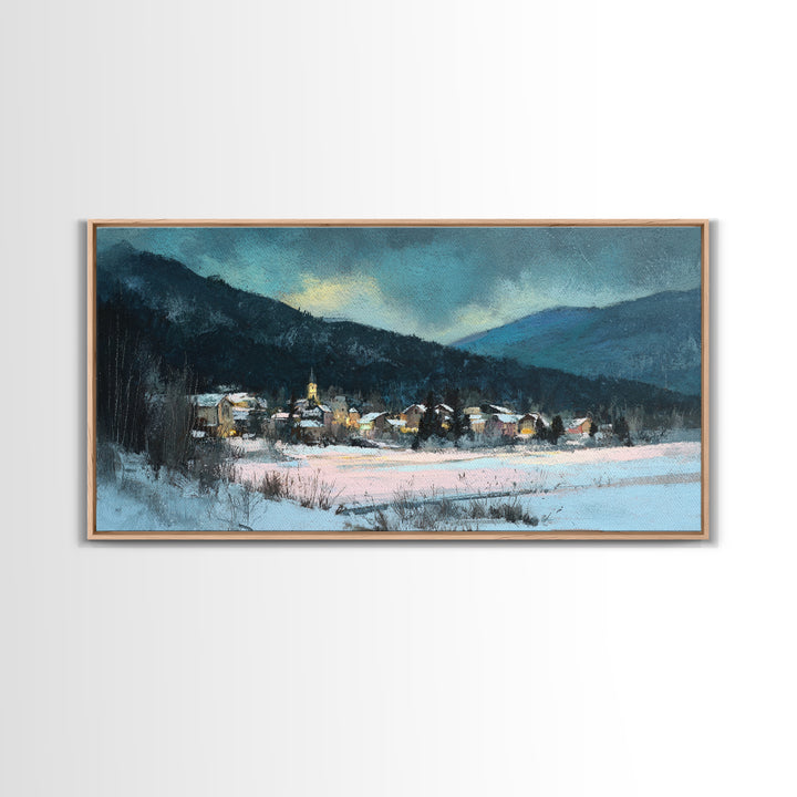 Snow Covered Alpine Village at Dusk Framed Canvas Print, Landscape Art, Boho Decor, Living Room Decor, Fine Art, Horizon, LAN-2x1-27
