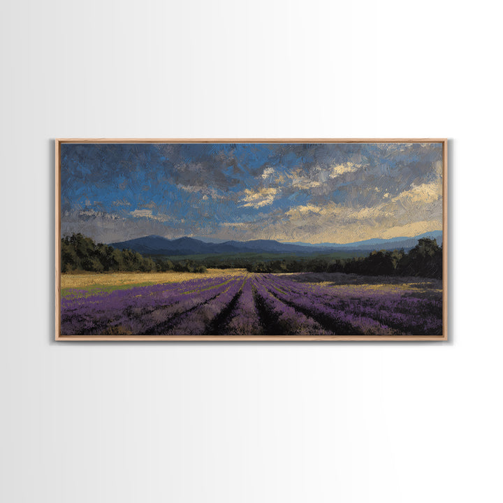 Lavender Field Leading to Distant Hills Framed Canvas Print, Landscape Art, Minimalist Decor, Living Room Decor, Oil Painting, LAN-2x1-30