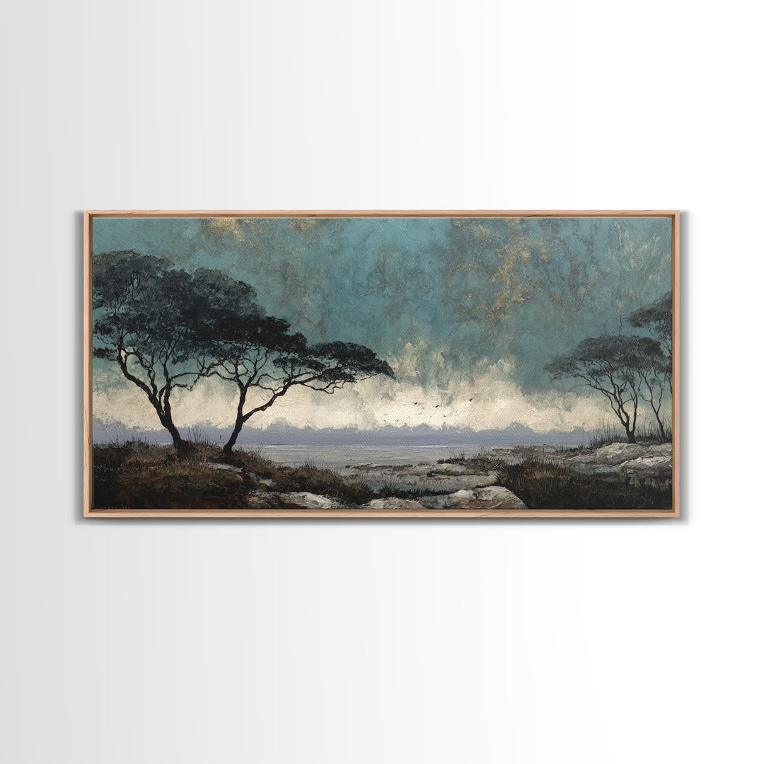 Wide Savanna with Acacia Silhouette Canvas Print, Landscape Art, Digital Art, Living Room Decor, Horizon, Boho Wall Art, LAN-2x1-39