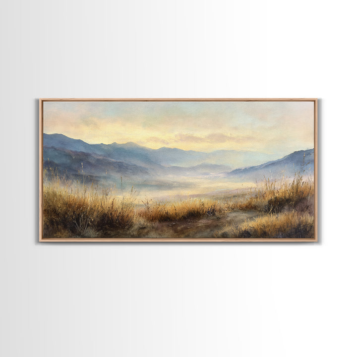 Misty Mountain Valley at Sunrise Framed Canvas Print, Landscape Art, Framed Wall Art, Living Room Decor, Oil Painting, Horizon, LAN-2x1-45