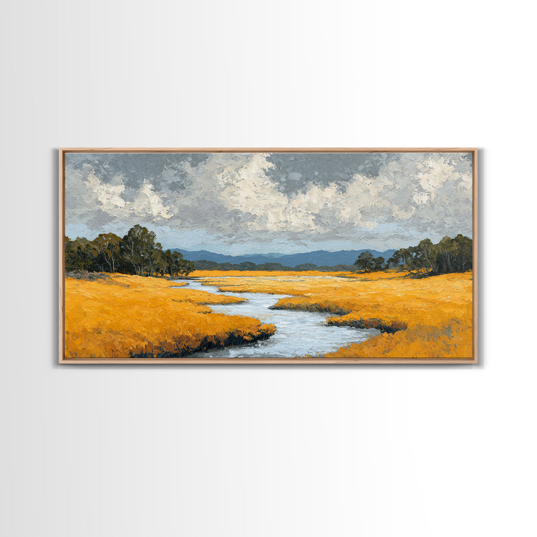 Winding River Through Golden Fields Framed Canvas Print, Landscape Art, Wall Decor, Living Room Decor, Fine Art, Horizon, LAN-2x1-46