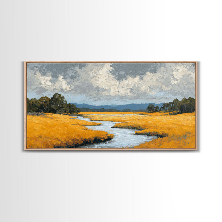 Winding River Through Golden Fields Framed Canvas Print, Landscape Art, Wall Decor, Living Room Decor, Fine Art, Horizon, LAN-2x1-46