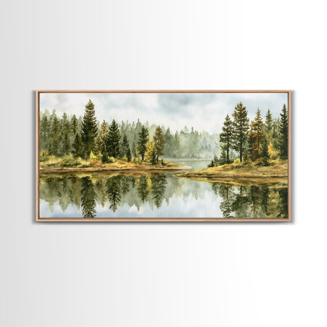 Quiet Lake Reflecting Pine Forest Canvas Print, Landscape Art, Digital Prints, Living Room Decor, Horizon, Farmhouse Decor, LAN-2x1-48