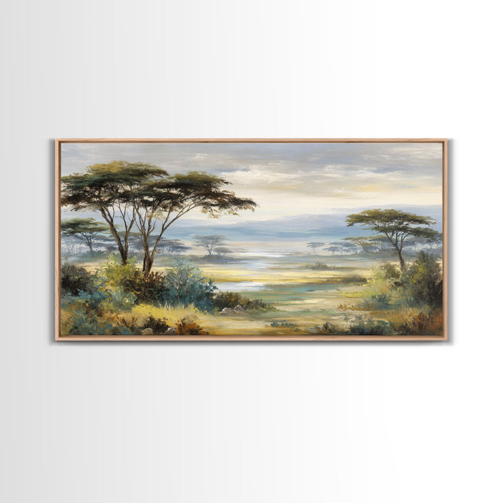 Wide Savanna with Acacia Silhouette Canvas Print, Landscape Art, Abstract Wall Art, Living Room Decor, Fine Art, Horizon, LAN-2x1-63