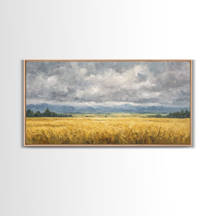 Golden Wheat Field Beneath Huge Clouds Canvas Print, Landscape Art, Original Painting, Living Room Decor, Fine Art, Horizon, LAN-2x1-68