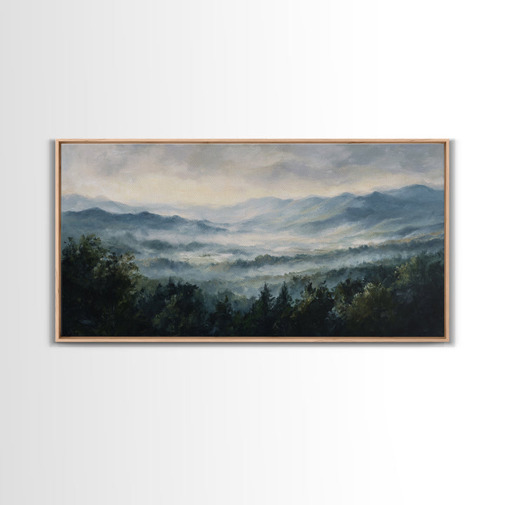 Misty Mountain Valley at Sunrise Canvas Print, Landscape Art, Abstract Wall Art, Living Room Decor, Fine Art, Horizon, LAN-2x1-69