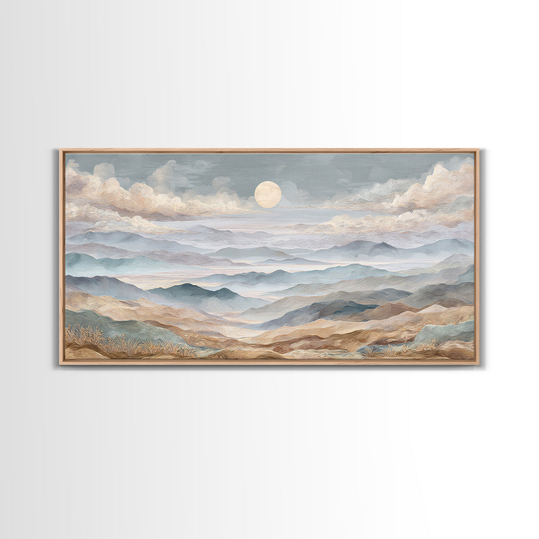Desert Dunes under Pale Moon Framed Canvas Print, Landscape Art, Art Prints, Living Room Decor, Horizon, Abstract Wall Art, LAN-2x1-7