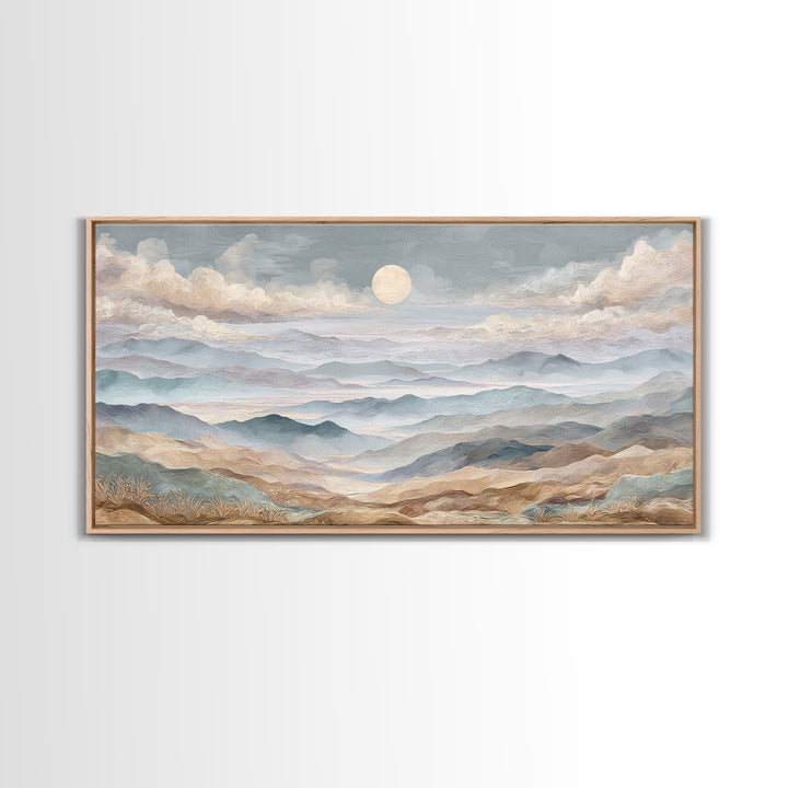Desert Dunes under Pale Moon Framed Canvas Print, Landscape Art, Art Prints, Living Room Decor, Horizon, Abstract Wall Art, LAN-2x1-7