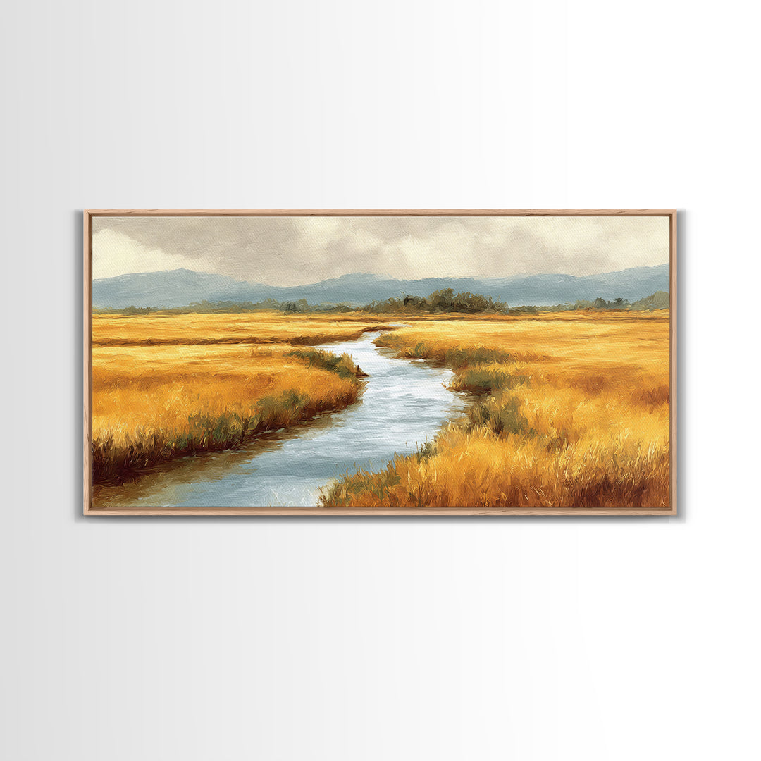 Winding River Through Golden Fields Canvas Print, Landscape Art, Printable Wall Art, Living Room Decor, Oil Painting, Horizon, LAN-2x1-70
