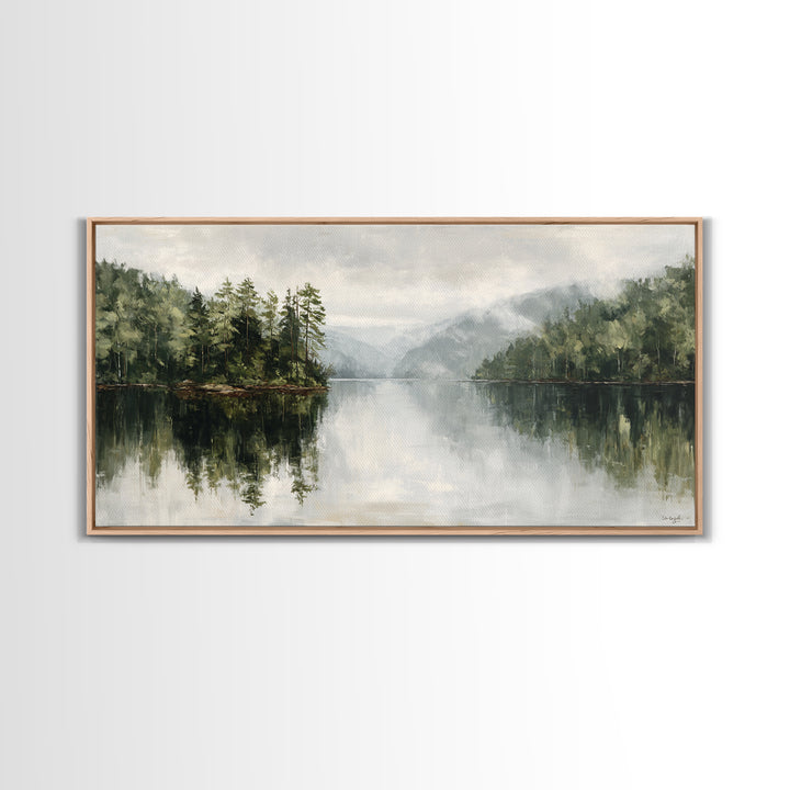 Quiet Lake Reflecting Pine Forest Framed Canvas Print, Landscape Art, Digital Wall Art, Living Room Decor, Fine Art, Horizon, LAN-2x1-72