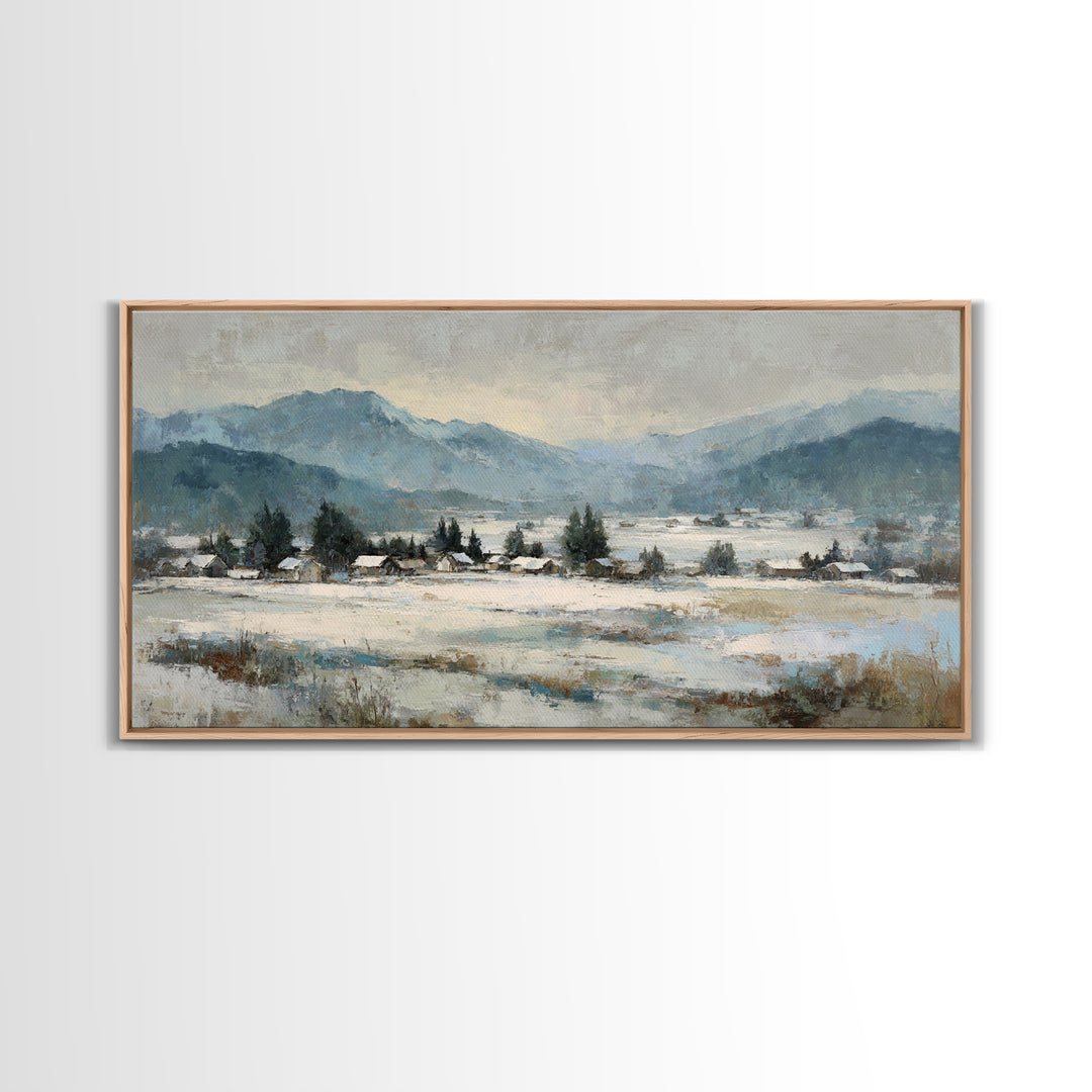 Snow Covered Alpine Village at Dusk Framed Canvas Print, Landscape Art, Room Decor, Living Room Decor, Fine Art, Horizon, LAN-2x1-75