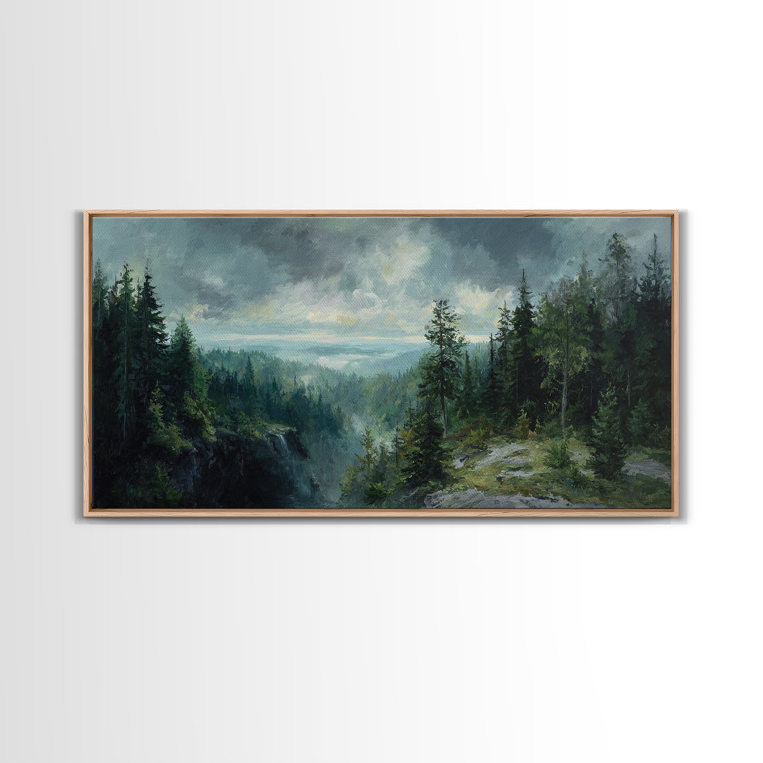 Waterfall Hidden in Dense Forest Framed Canvas Print, Landscape Art, Luxury Decor, Living Room Decor, Fine Art, Horizon, LAN-2x1-8