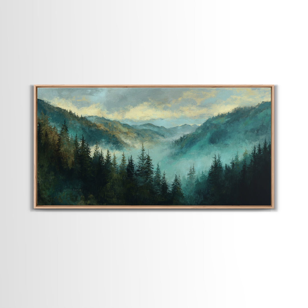 Waterfall Hidden in Dense Forest Framed Canvas Print, Landscape Art, Living Room Decor, Oil Painting, Horizon, Modern Art, LAN-2x1-80