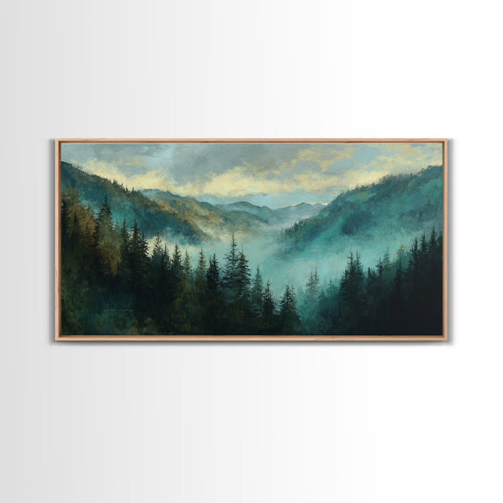 Waterfall Hidden in Dense Forest Framed Canvas Print, Landscape Art, Living Room Decor, Oil Painting, Horizon, Modern Art, LAN-2x1-80