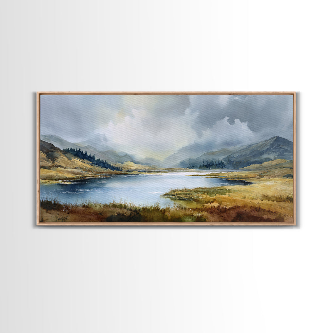 Rocky Scottish Highland Framed Canvas Print, Landscape Art, Farmhouse Decor, Living Room Decor, Horizon, Floral Wall Art, LAN-2x1-85