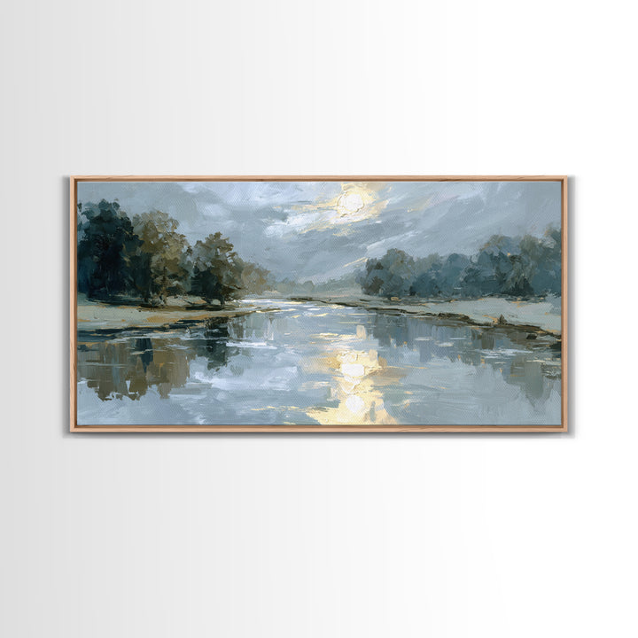 Moonlit River with Silver Reflections Canvas Print, Landscape Art, Living Room Decor, Oil Painting, Horizon, Modern Art, LAN-2x1-89