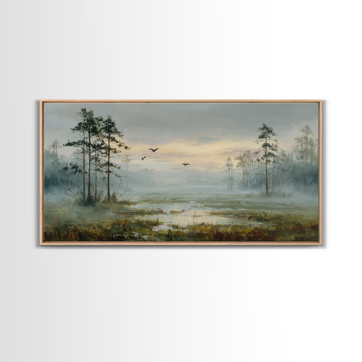 Misty Cypress Swamp Framed Canvas Print, Landscape Art, Digital Art, Living Room Decor, Fine Art, Horizon, Boho Wall Art, LAN-2x1-90