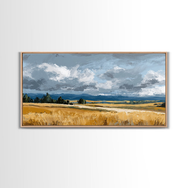Golden Wheat Field Beneath Huge Clouds Framed Canvas Print, Landscape Art, Digital Print, Living Room Decor, Fine Art, Horizon, LAN-2x1-92