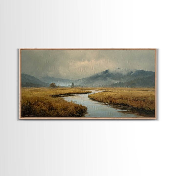 Winding River Through Golden Fields Canvas Print, Landscape Art, Printable Wall Art, Living Room Decor, Oil Painting, Horizon, LAN-2x1-94