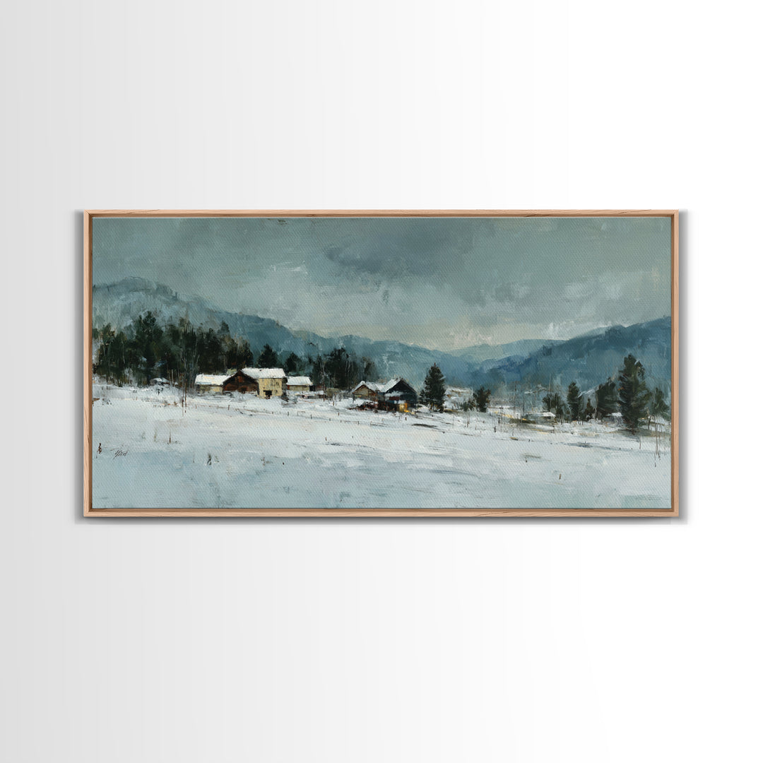 Snow Covered Alpine Village at Dusk Framed Canvas Print, Landscape Art, Abstract Wall Art, Living Room Decor, Fine Art, Horizon, LAN-2x1-99