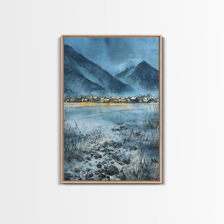 Snow Covered Alpine Village at Dusk Canvas Print, Landscape Art, Minimalist Decor, Living Room Decor, Oil Painting, Horizon, LAN-2x3-15