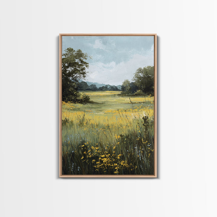 Sunlit Meadow with Wildflowers Framed Canvas Print, Landscape Art, Digital Art, Living Room Decor, Fine Art, Horizon, LAN-2x3-21