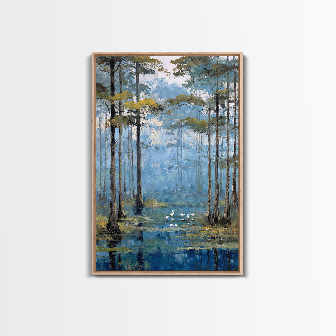 Misty Cypress Swamp Framed Canvas Print, Landscape Art, Minimalist Decor, Living Room Decor, Oil Painting, Horizon, LAN-2x3-30