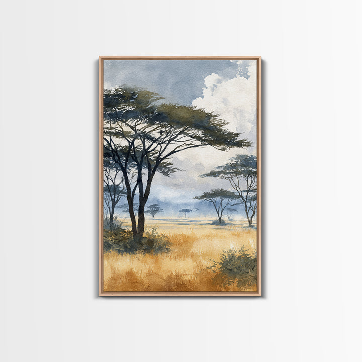 Wide Savanna with Acacia Silhouette Framed Canvas Print, Landscape Art, Digital Art, Living Room Decor, Fine Art, Horizon, LAN-2x3-51