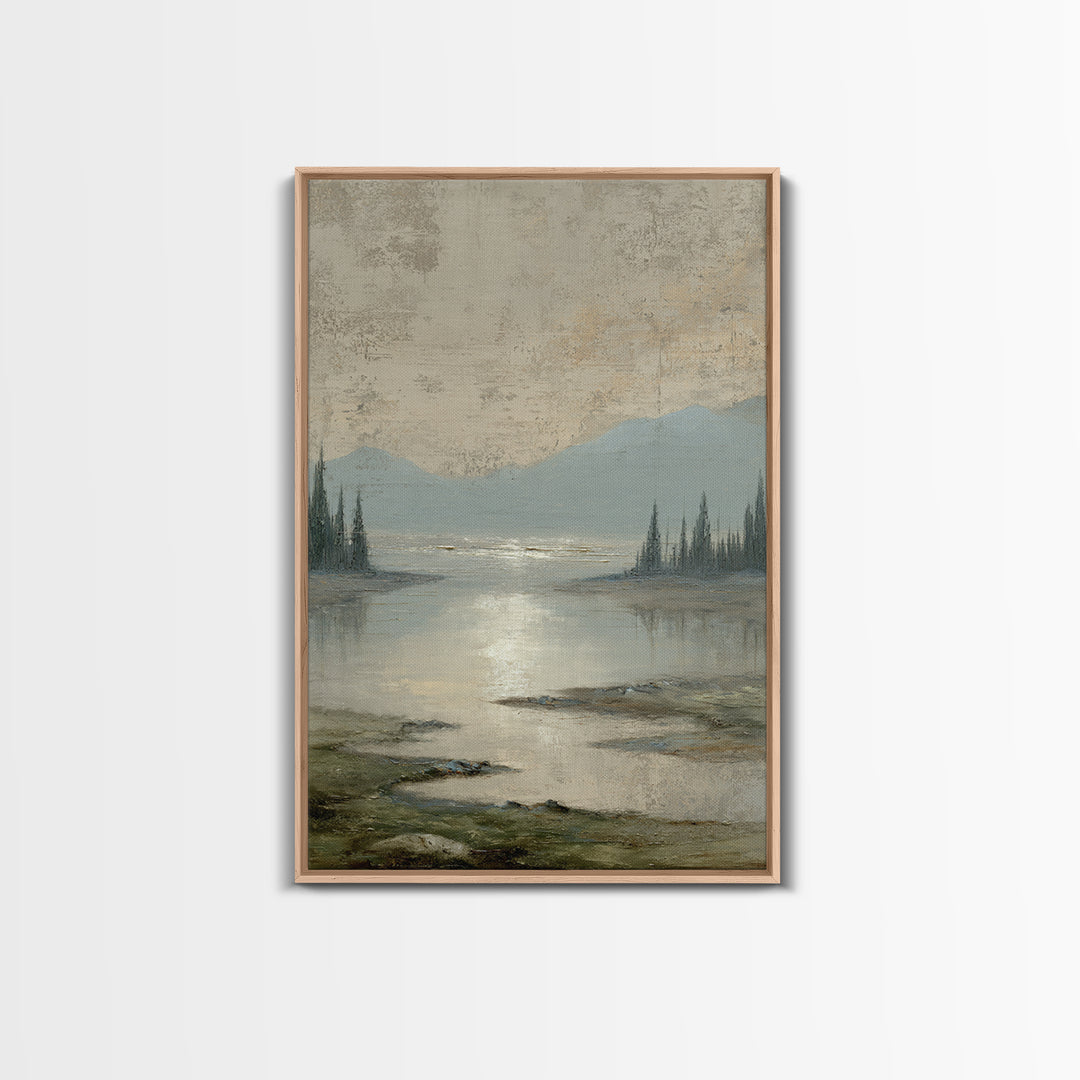 Moonlit River with Silver Reflections Framed Canvas Print, Landscape Art, Digital Print, Living Room Decor, Fine Art, Horizon, LAN-2x3-53