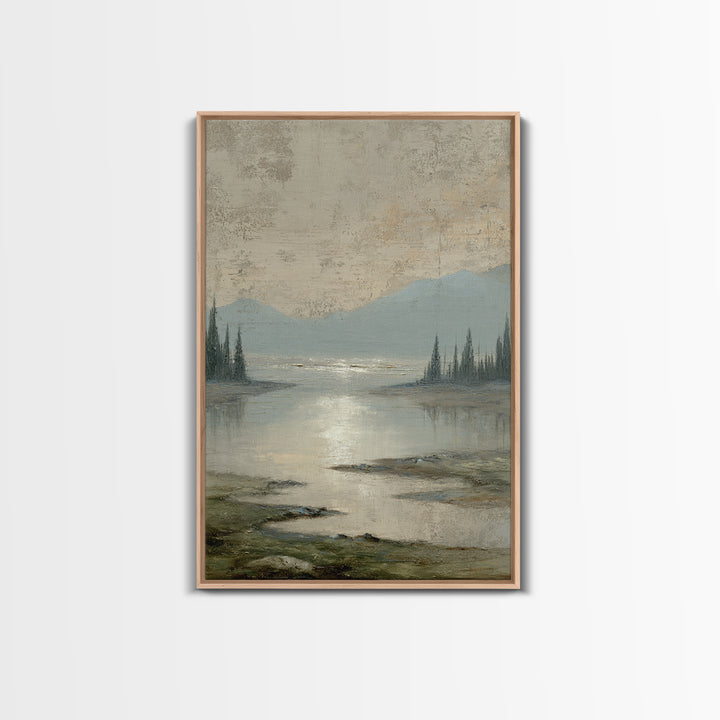 Moonlit River with Silver Reflections Framed Canvas Print, Landscape Art, Digital Print, Living Room Decor, Fine Art, Horizon, LAN-2x3-53