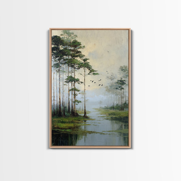 Misty Cypress Swamp Framed Canvas Print, Landscape Art, Minimalist Decor, Living Room Decor, Oil Painting, Horizon, LAN-2x3-6