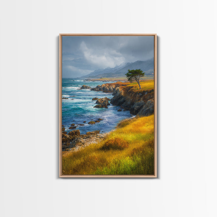 Coastal Cliffs with Crashing Waves Framed Canvas Print, Landscape Art, Art Prints, Living Room Decor, Fine Art, Horizon, LAN-2x3-64