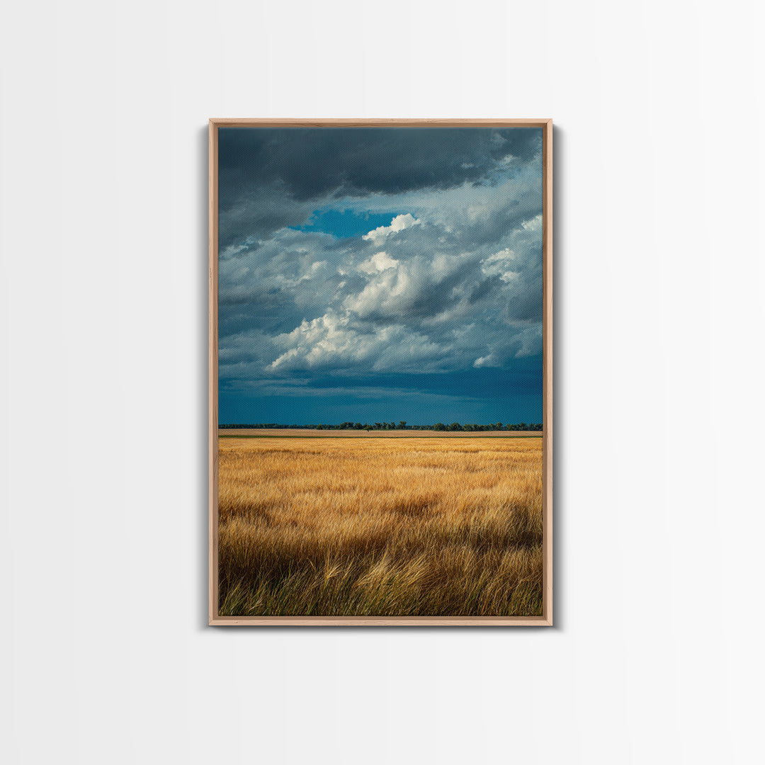Golden Wheat Field Beneath Huge Clouds Framed Canvas Print, Landscape Art, Floral Wall Art, Living Room Decor, Horizon, LAN-2x3-8