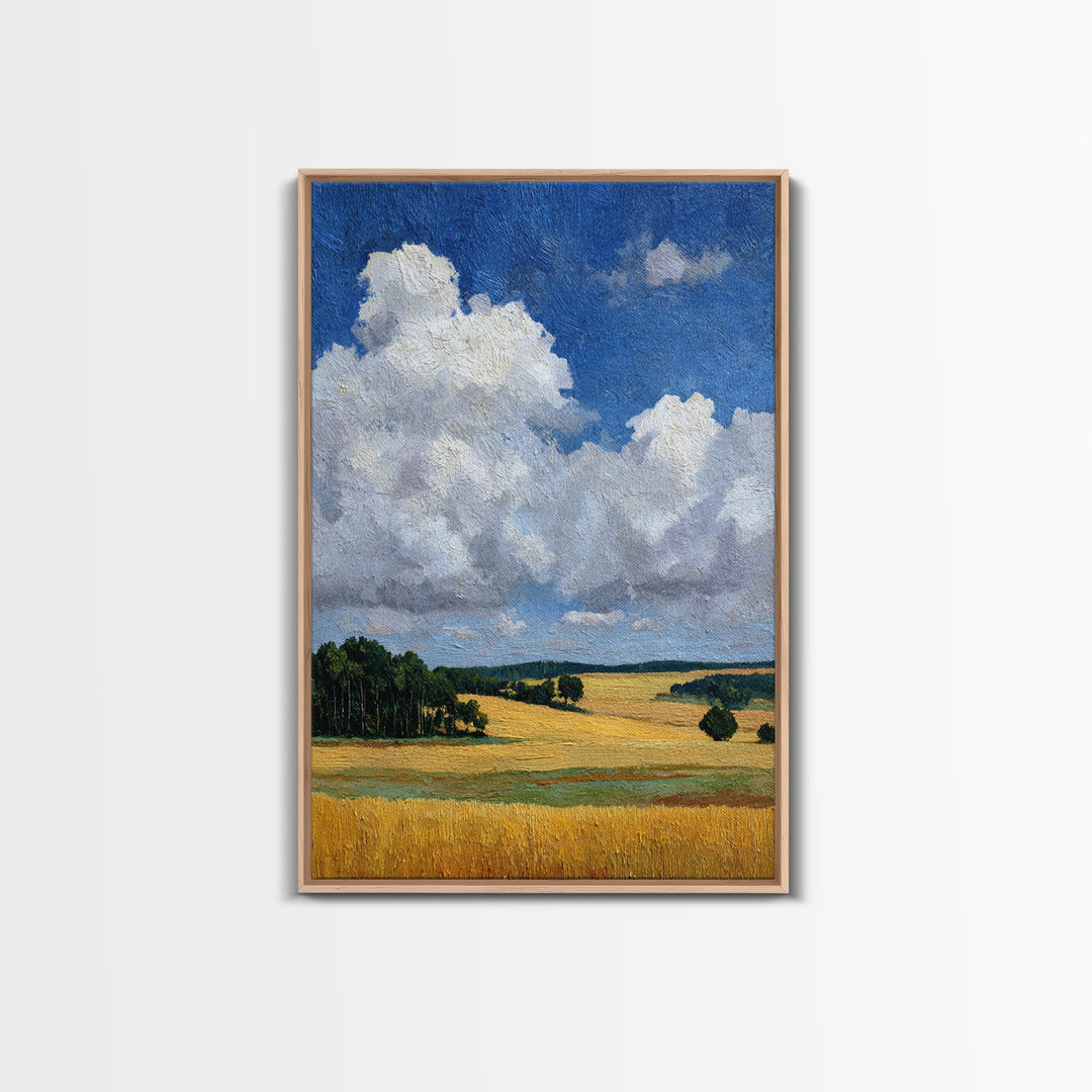 Golden Wheat Field Beneath Huge Clouds Framed Canvas Print, Landscape Art, Original Painting, Living Room Decor, Horizon, LAN-2x3-80