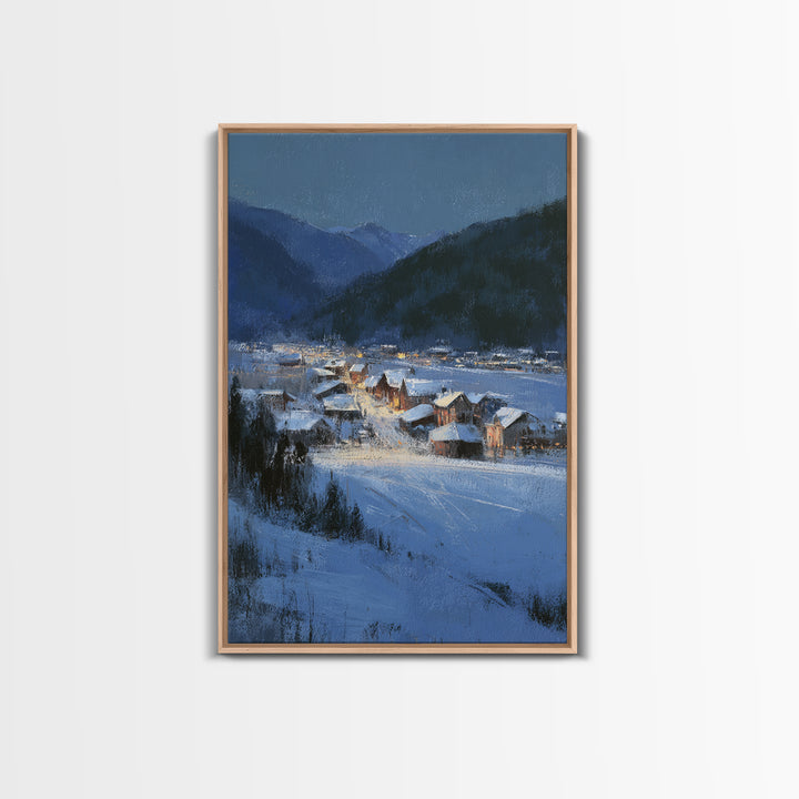 Snow Covered Alpine Village at Dusk Framed Canvas Print, Landscape Art, Living Room Wall Art, Living Room Decor, Oil Painting, LAN-2x3-87