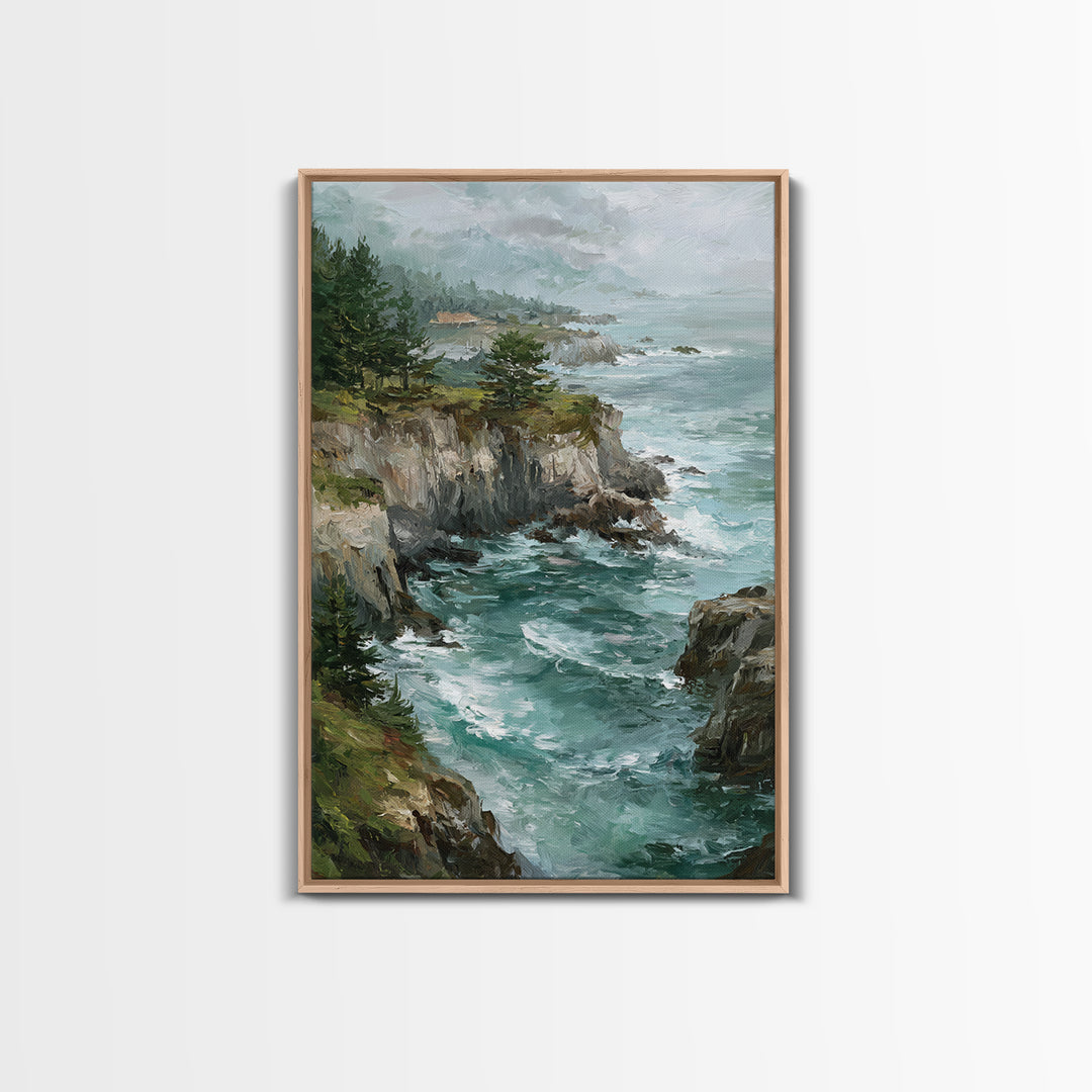 Coastal Cliffs with Crashing Waves Framed Canvas Print, Landscape Art, Farmhouse Decor, Living Room Decor, Fine Art, Horizon, LAN-2x3-88