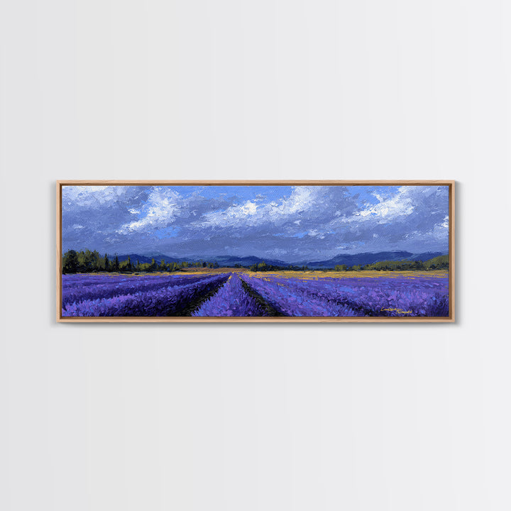 Lavender Field Leading to Distant Hills Framed Canvas Print, Landscape Art, Digital Wall Art, Living Room Decor, Horizon, LAN-3x1-2