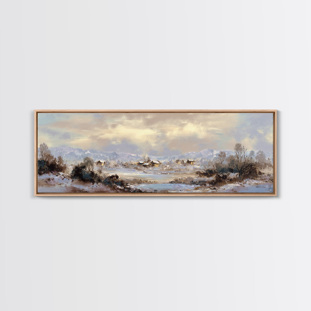 Snow Covered Alpine Village at Dusk Framed Canvas Print, Landscape Art, Room Decor, Living Room Decor, Fine Art, Horizon, LAN-3x1-23