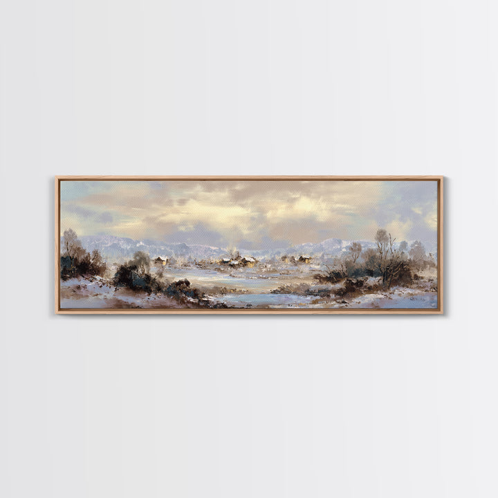 Snow Covered Alpine Village at Dusk Framed Canvas Print, Landscape Art, Room Decor, Living Room Decor, Fine Art, Horizon, LAN-3x1-23