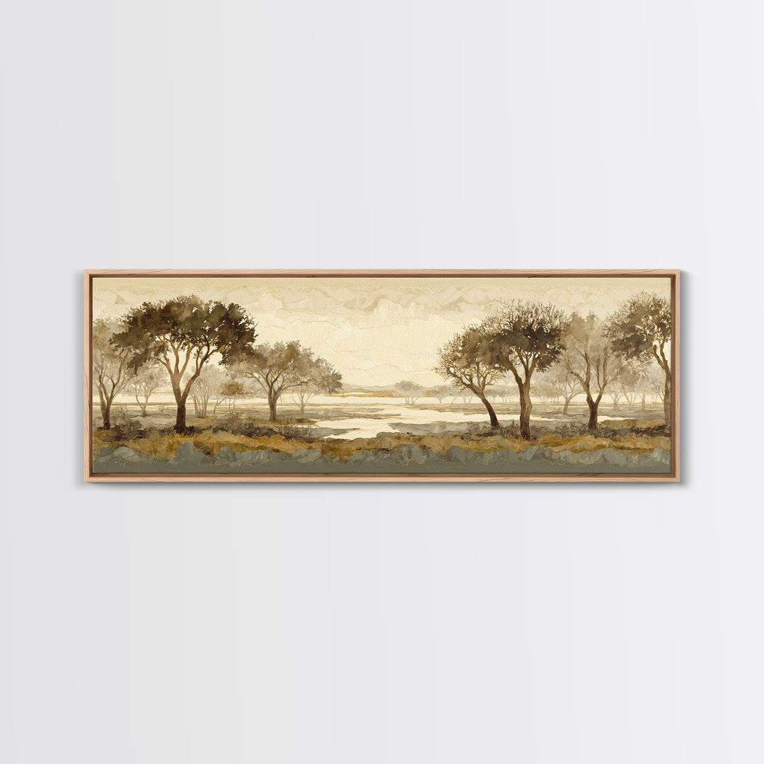 Wide Savanna with Acacia Silhouette Canvas Print, Landscape Art, Minimalist Decor, Living Room Decor, Oil Painting, Horizon, LAN-3x1-35
