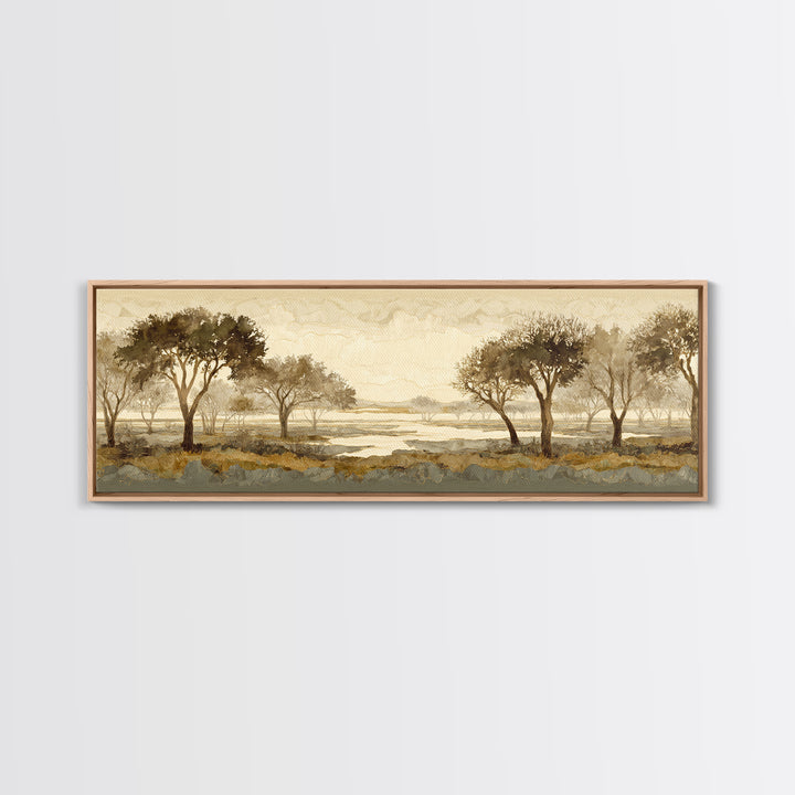 Wide Savanna with Acacia Silhouette Canvas Print, Landscape Art, Minimalist Decor, Living Room Decor, Oil Painting, Horizon, LAN-3x1-35