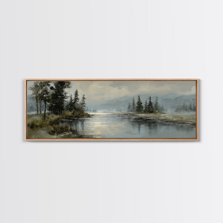 Moonlit River with Silver Reflections Framed Canvas Print, Landscape Art, Wall Art Print, Living Room Decor, Fine Art, Horizon, LAN-3x1-37